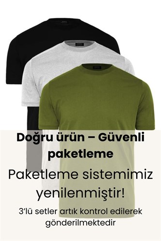 Basic Erkek 3lü Çoklu Tişört Siyah, Gri, Haki 7011
