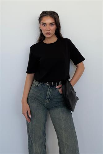 Siyah %100 Pamuk Vatkalı Oversize Kadın T-shirt Mg2442