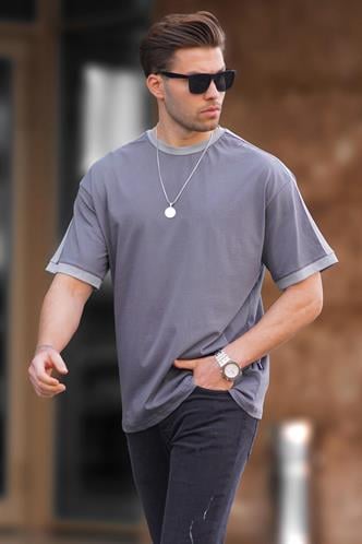 Erkek Füme Oversize Şerit Detaylı Basic Tişört 7023