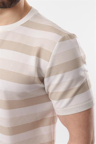 Bej Bisiklet Yaka Çizgili Erkek T-shirt E7118