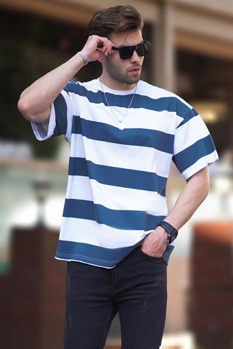 İndigo Oversize Renk Bloklu Bisiklet Yaka Kısa Kollu Tişört 7030