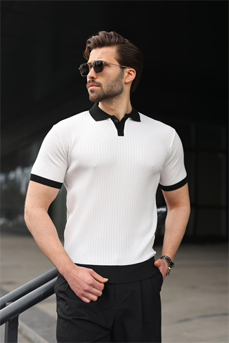 Beyaz Polo Yaka Triko Erkek Tişört E7471