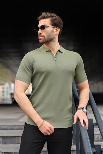 Haki Yarım Fermuarlı Polo Yaka Triko Erkek Tişört E7459