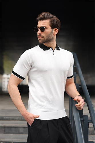 Beyaz Polo Yaka Triko Erkek Tişört E7470