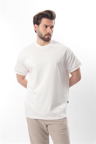 Ekru Bisiklet Yaka Çoban Dikişli Overfit Erkek T-shirt E7103