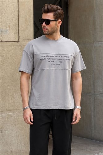 Boyalı Gri Oversize Bisiklet Yaka Baskılı Erkek Tişört 7018