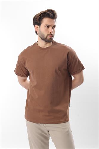 Kahverengi Bisiklet Yaka Çoban Dikişli Overfit Erkek T-shirt E7103