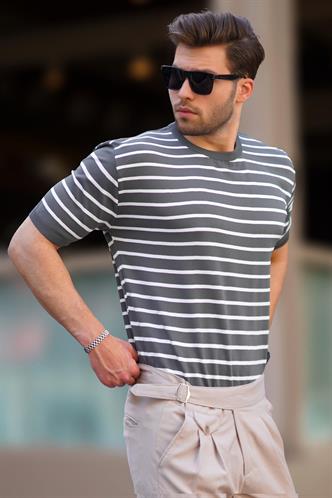 Füme Bisiklet Yaka Çizgili Kısa Kollu Erkek Tişört 6884