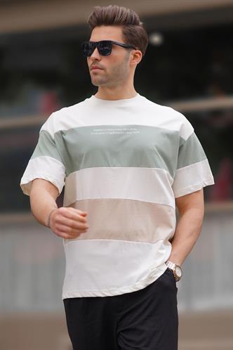 Bej Oversize Renk Bloklu Bisiklet Yaka Baskılı Tişört 7025