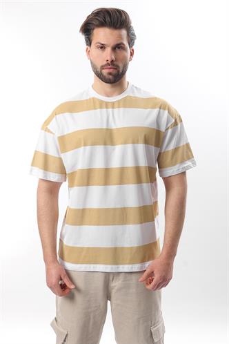 Bej Oversize Renk Bloklu Bisiklet Yaka Kısa Kollu Tişört 7030