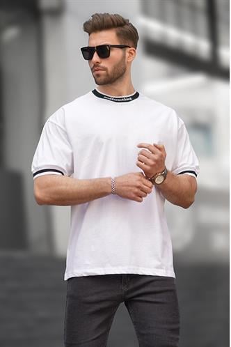 Beyaz Bisiklet Yaka ŞeritliTişört 7022