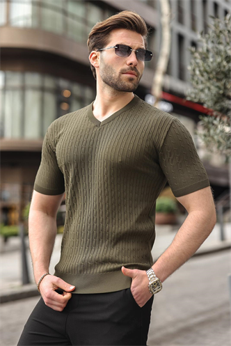 Haki V Yaka Kısa Kollu Triko Erkek Tişört E7467