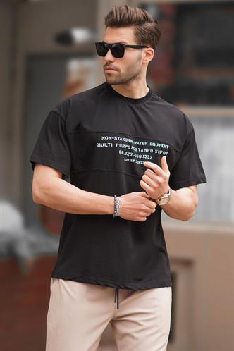 Siyah Oversize Bisiklet Yaka Baskılı Erkek Tişört 7018
