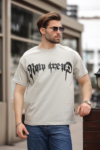 Boyalı Gri Baskılı %100 Pamuk Erkek T-shirt E7141