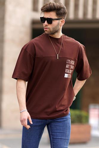 Kahverengi Oversize Baskılı Erkek Tişört 6193