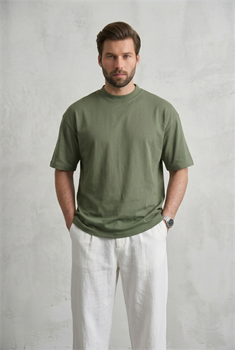 Erkek Haki Oversize Fit Basic Tişört 6066