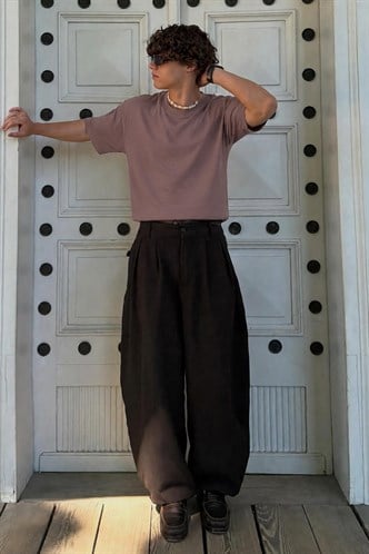 Erkek Kahverengi Oversize Fit Basic Tişört 6066