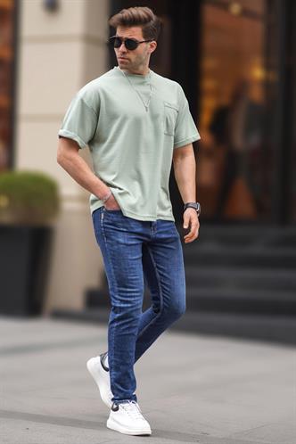 Mint Yeşili  Erkek Cep Detaylı Oversize Tişört 6194