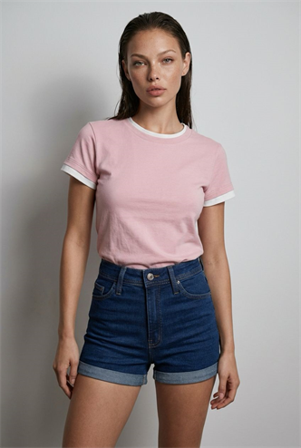 Pudra Bisiklet Yaka Çift Renkli Basic Tişört MG2682