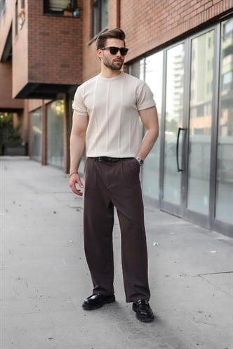Taş Rengi Regular Fit Bisiklet Yaka Fitilli Triko Erkek Tişört E7490