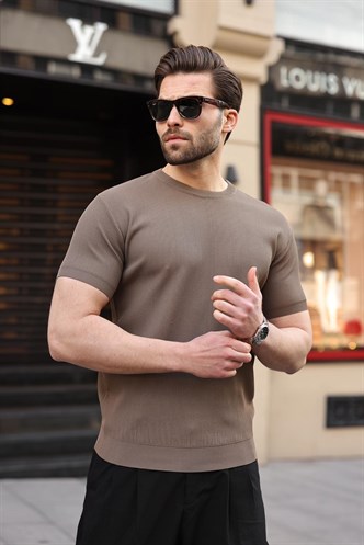 Açık Kahverengi Bisiklet Yaka Fitilli Erkek Tişört E7474