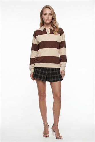 Bej Çizgili Düğmeli Polo Yaka Kadın Uzun Kollu Tişört  MG2586