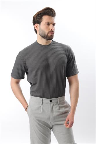 Füme Dokulu Çizgi Tasarım Bisiklet Yaka Erkek T-shirt E7122