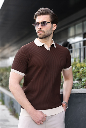 Kahverengi Polo Yaka Triko Erkek Tişört E7464