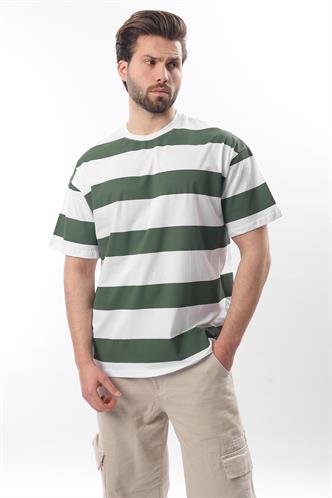 Haki Oversize Renk Bloklu Bisiklet Yaka Kısa Kollu Tişört 7030