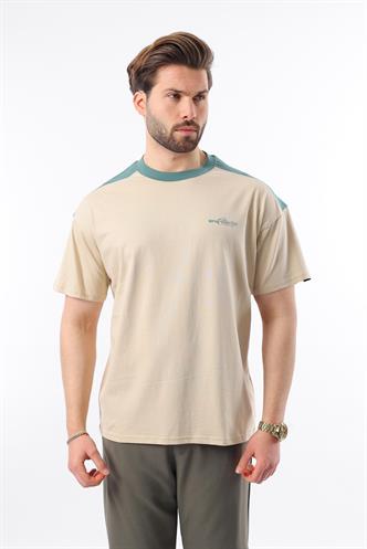 Madmext Bej Bisiklet Yaka Baskılı Erkek Tişört E7114