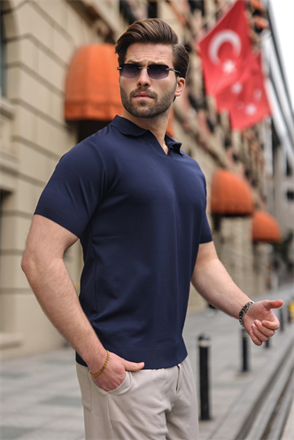 Lacivert Polo Yaka Triko Kısa Kollu Erkek Tişört E7463