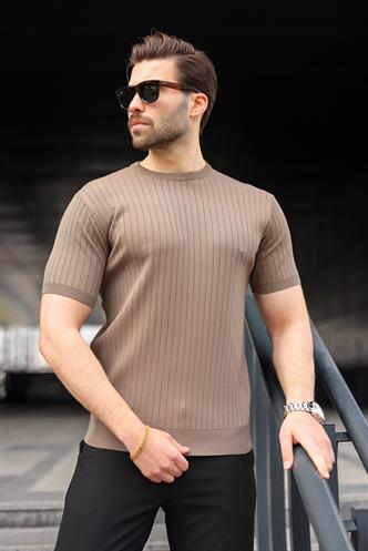 Açık Kahverengi Bisiklet Yaka Triko Erkek Tişört E7460