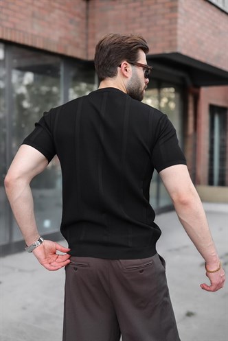 Siyah Regular Fit Bisiklet Yaka Fitilli Triko Erkek Tişört E7490