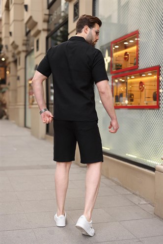 Siyah %100 Pamuklu Erkek Şort Gömlek Takım E7361