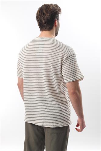 Gri Bisiklet Yaka Pamuklu Çizgili Erkek T-shirt E7121