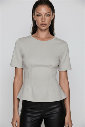 Taş Rengi  Kadın Bisiklet Yaka Belden Oturtmalı Basic Tişört MG2670