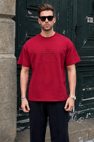 Bordo Oversize Bisiklet Yaka Baskılı Erkek Tişört 7018