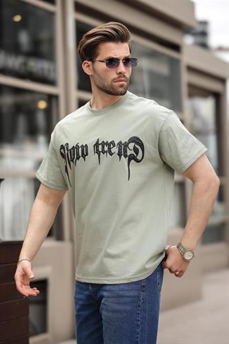 Mint Yeşili  Baskılı %100 Pamuk Erkek T-shirt E7141
