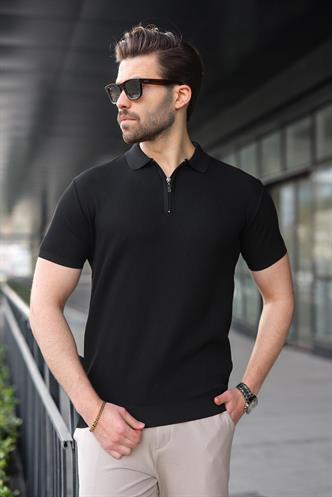 Siyah Yarım Fermuarlı Polo Yaka Triko Erkek Tişört E7459