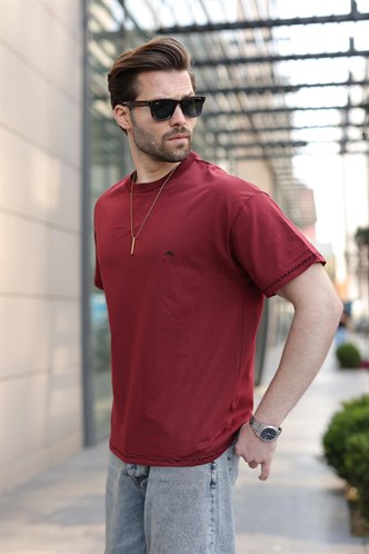 Bordo Nakış Detaylı Erkek T-shirt E7112