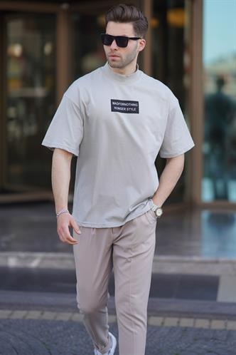 Boyalı Gri Yalancı Dik Yaka Oversize Erkek Tişört 7005