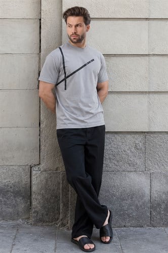 Boyalı Gri Bisiklet Yaka Şerit Detaylı Pamuklu Erkek T-shirt E7033
