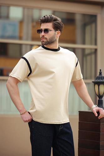 Madmext Bej Bisiklet Yaka Regular Fit Erkek T-shirt E7126