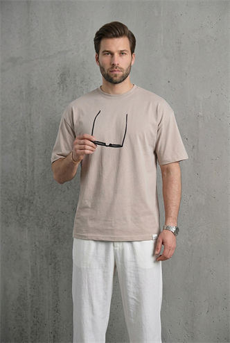 Erkek Taş Rengi Oversize Fit Basic Tişört 6066