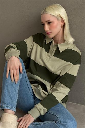 Mint Yeşili Çizgili Düğmeli Polo Yaka Kadın Uzun Kollu Tişört  MG2586