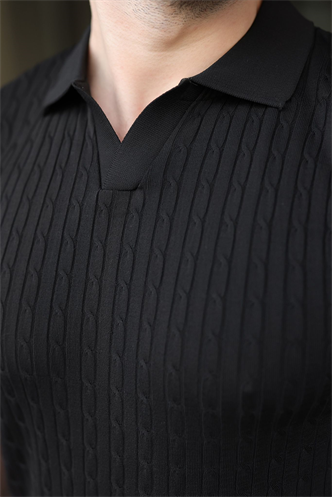 Siyah Slim Fit Polo Yaka Triko Erkek Tişört E7472