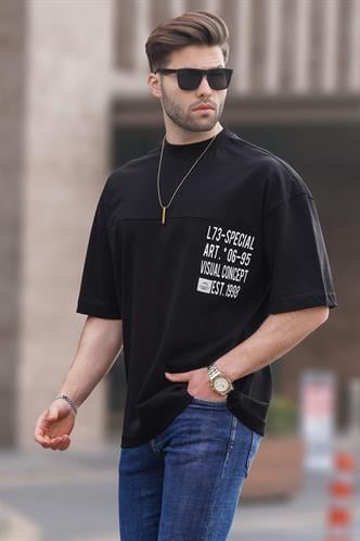 Siyah Oversize Baskılı Erkek Tişört 6193