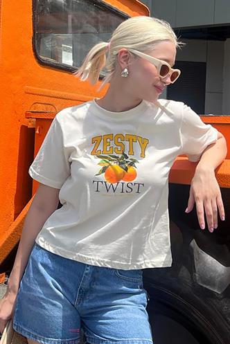 Sarı Bisiklet Yaka Pamuklu Kısa Kollu Kadın T-Shirt MG2150