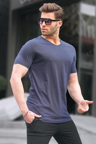 Madmext Basic V Yaka Lacivert Tişört 5281