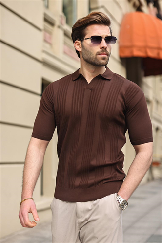 Kahverengi Polo Yaka Triko Erkek Tişört E7469